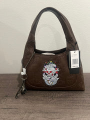 Chocolate Brown Embossed Shoulder Bag with Skull Patch by Ed Hardy