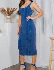 Mineral Blue Wash Ribbed Fitted Raw Edge Dress
