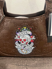 Chocolate Brown Embossed Shoulder Bag with Skull Patch by Ed Hardy