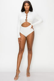 RING TRIMED CUT OUT FRONT RIB LONG SLEEVE BODYSUIT