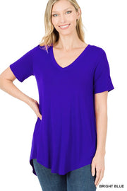 LUXE RAYON SHORT SLEEVE V-NECK HI-LOW HEM TOP