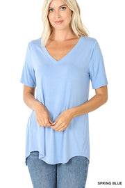 LUXE RAYON SHORT SLEEVE V-NECK HI-LOW HEM TOP