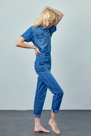 Collared Button Front Denim Jumpsuit