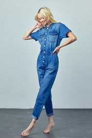 Collared Button Front Denim Jumpsuit