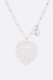 Cutout Leaf Teardrop Crystal Pendant Necklace