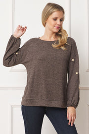 Drop Shoulder Button Sleeve Detail Top