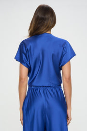 Satin Short Sleeve Top with Front Twist