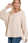 Double Gauze Oversized 3/4 Button Henley Neck Top