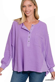 Double Gauze Oversized 3/4 Button Henley Neck Top