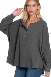 Double Gauze Oversized 3/4 Button Henley Neck Top