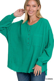 Double Gauze Oversized 3/4 Button Henley Neck Top