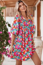 Boho Floral V Neck Lantern Sleeve Babydoll Dress