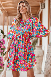 Boho Floral V Neck Lantern Sleeve Babydoll Dress