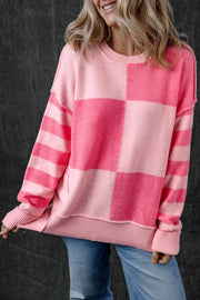 Checkered Color Block Striped High Low Sweater