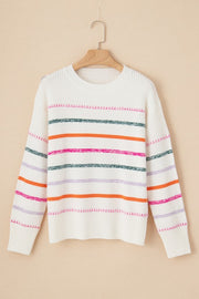 Colorful Striped Ribbed Trim Round Neck Sweater