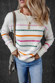 Colorful Striped Ribbed Trim Round Neck Sweater