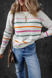 Colorful Striped Ribbed Trim Round Neck Sweater