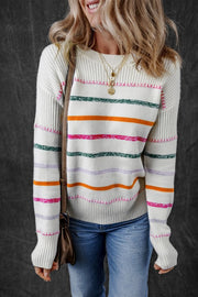 Colorful Striped Ribbed Trim Round Neck Sweater