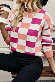 Checkered Ribbed Edge O Neck Drop Shoulder Sweater