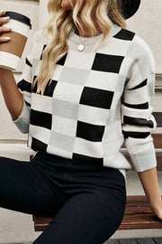 Checkered Ribbed Edge O Neck Drop Shoulder Sweater