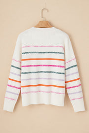 Colorful Striped Ribbed Trim Round Neck Sweater