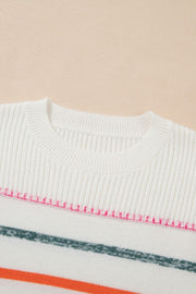 Colorful Striped Ribbed Trim Round Neck Sweater