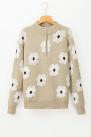 Vintage 60s Floral Pattern Half Zip Collar Sweater