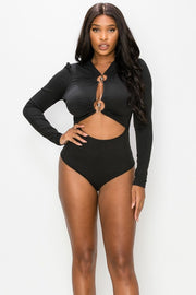 RING TRIMED CUT OUT FRONT RIB LONG SLEEVE BODYSUIT