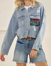 CLASSIC DENIM JACKET WITH LACE FLORAL CONTRAST
