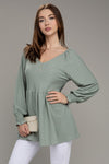 V Neck Solid Ruffle Hem Top