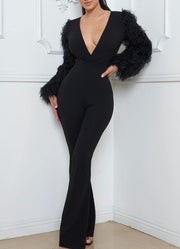 Faux feather sleeve bell bottom jumpsuit