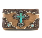 Turquoise Cross PuLeather Western Crossbody Wallet
