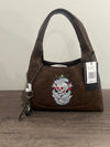 Chocolate Brown Embossed Shoulder Bag with Skull Patch by Ed Hardy