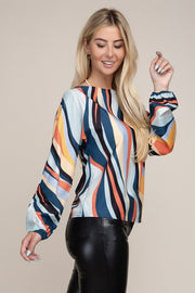 Colorblock Boat Neck Bishop Sleeve Blouse