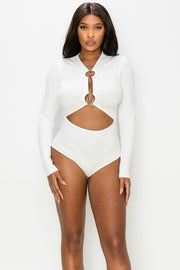 RING TRIMED CUT OUT FRONT RIB LONG SLEEVE BODYSUIT