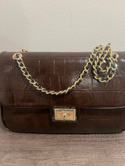 Karl Lagerfeld classic faux Croc-Embossed Leather Shoulder Bag in Dark Brown