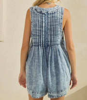 PLEATED ALL OVER PEARL DENIM ROMPER