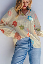 Flower Print Collared Button-up Loose Fit Blouse