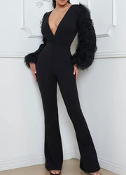 Faux feather sleeve bell bottom jumpsuit