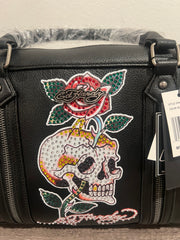 Ed Hardy Black Embellished Skull & Rose Satchel Bag w/ Strap