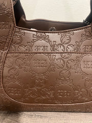 Chocolate Brown Embossed Shoulder Bag with Skull Patch by Ed Hardy