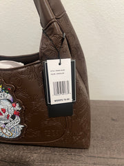 Chocolate Brown Embossed Shoulder Bag with Skull Patch by Ed Hardy