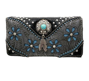 Bessie Turquoise Concho Feather Western Crossbody Wallet
