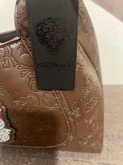 Chocolate Brown Embossed Shoulder Bag with Skull Patch by Ed Hardy