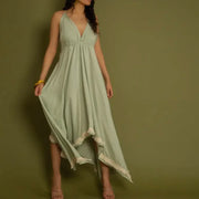 Sage Green V Neck Backless Maxi