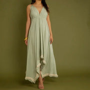 Sage Green V Neck Backless Maxi