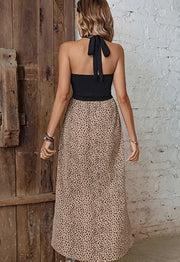 Leopard tulip slit skirt cross halter neck dress