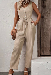 Pleated sleeveless button solid jumpsuit