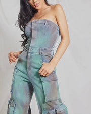 Multi color cargo denim jumpsuit