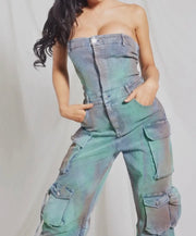 Multi color cargo denim jumpsuit